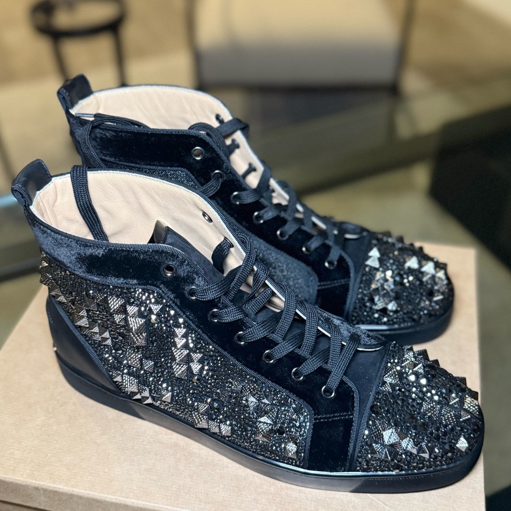 Christian Louboutin Black and Red Studded High-Top Sneakers